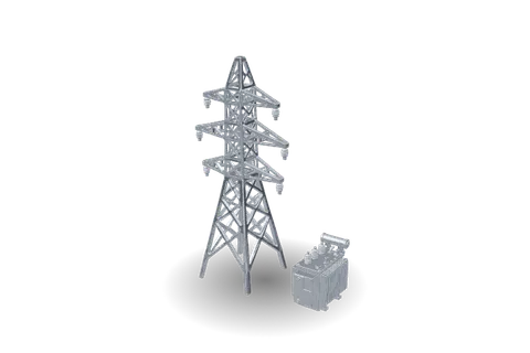 A titanium model of a transmission pylon and a transformer